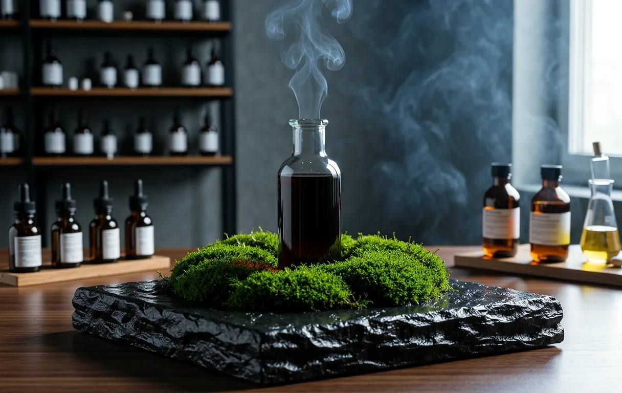Clinical apothecary aesthetic featuring moss and stone