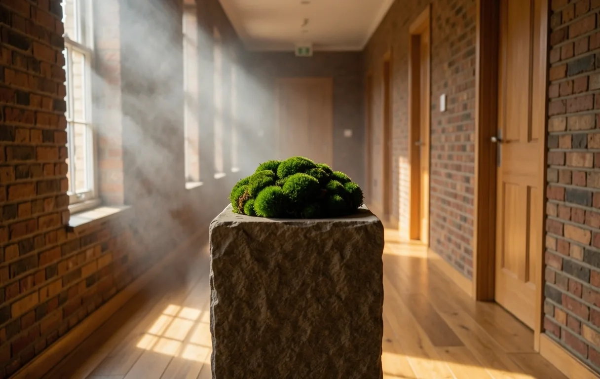 Clinical apothecary aesthetic featuring moss and stone